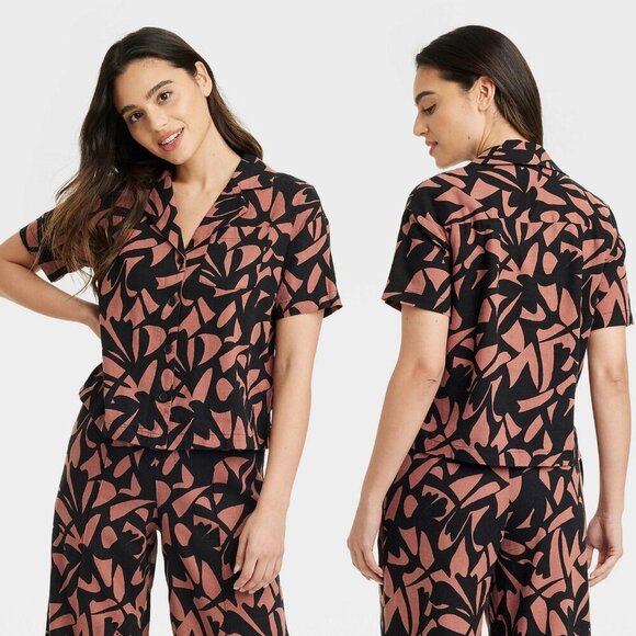 a new day Tops - Medium - Womens Linen Short Sleeve Button-Down Camp Shirt - A New Day - Brown